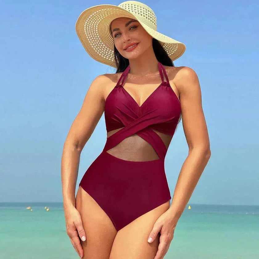 Halter neck One piece Swimsuit Summer Bikini Beach Solid Color Cross-strap Design Mesh