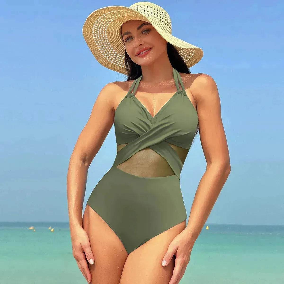 Halter neck One piece Swimsuit Summer Bikini Beach Solid Color Cross-strap Design Mesh