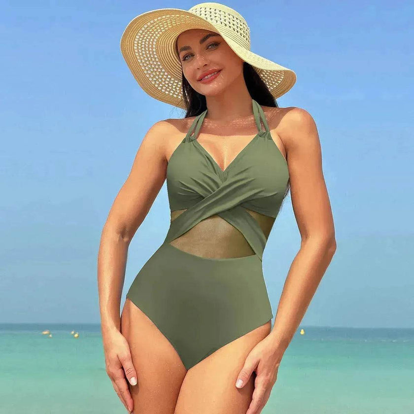 Halter neck One piece Swimsuit Summer Bikini Beach Solid Color Cross-strap Design Mesh