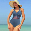 Halter neck One piece Swimsuit Summer Bikini Beach Solid Color Cross-strap Design Mesh