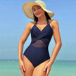 Halter neck One piece Swimsuit Summer Bikini Beach Solid Color Cross-strap Design Mesh