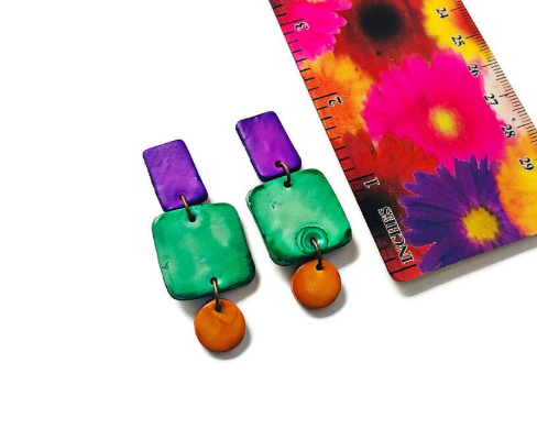 Geometric Statement Jewelry Set, Necklace & Earrings, Turquoise, Purple & Yellow