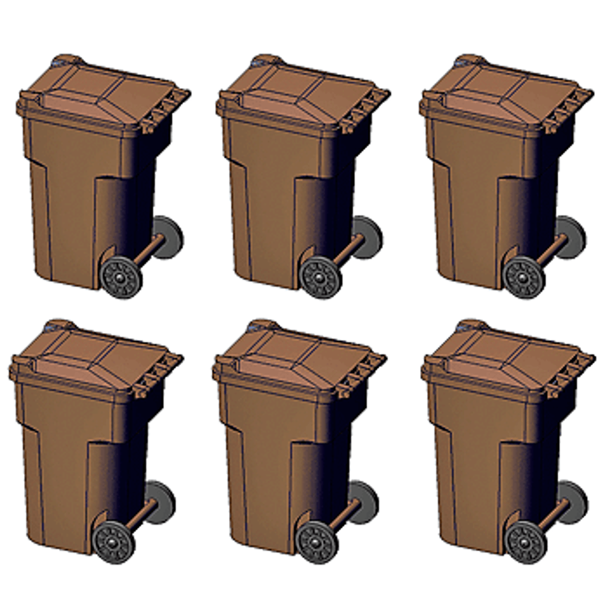 Hi-Tech Details 8009 HO 96-Gallon Wheeled Trash & Recycling Bin Brown Pkg of 6 KIT NIB