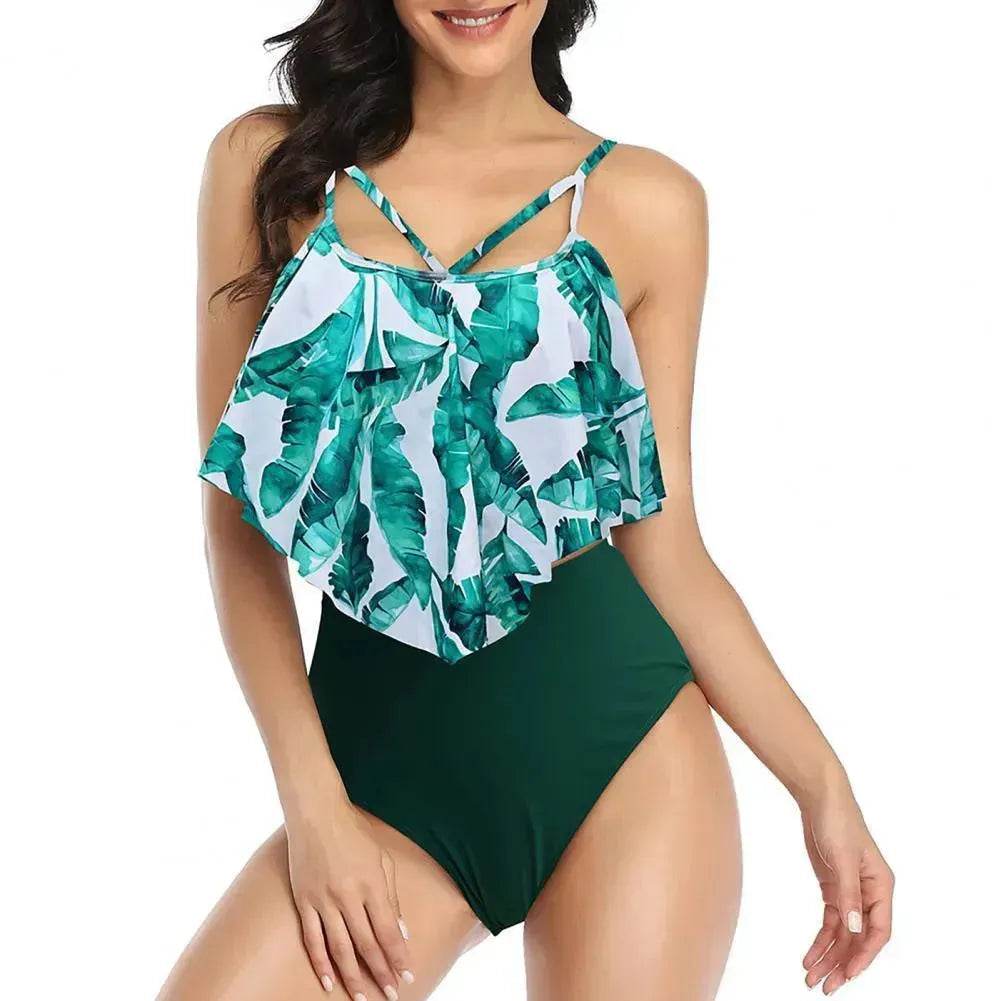 High Waist Split Swimsuit with Double Layer Lotus Leaf Design