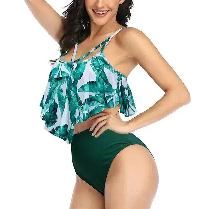 High Waist Split Swimsuit with Double Layer Lotus Leaf Design
