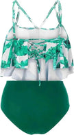 High Waist Split Swimsuit with Double Layer Lotus Leaf Design