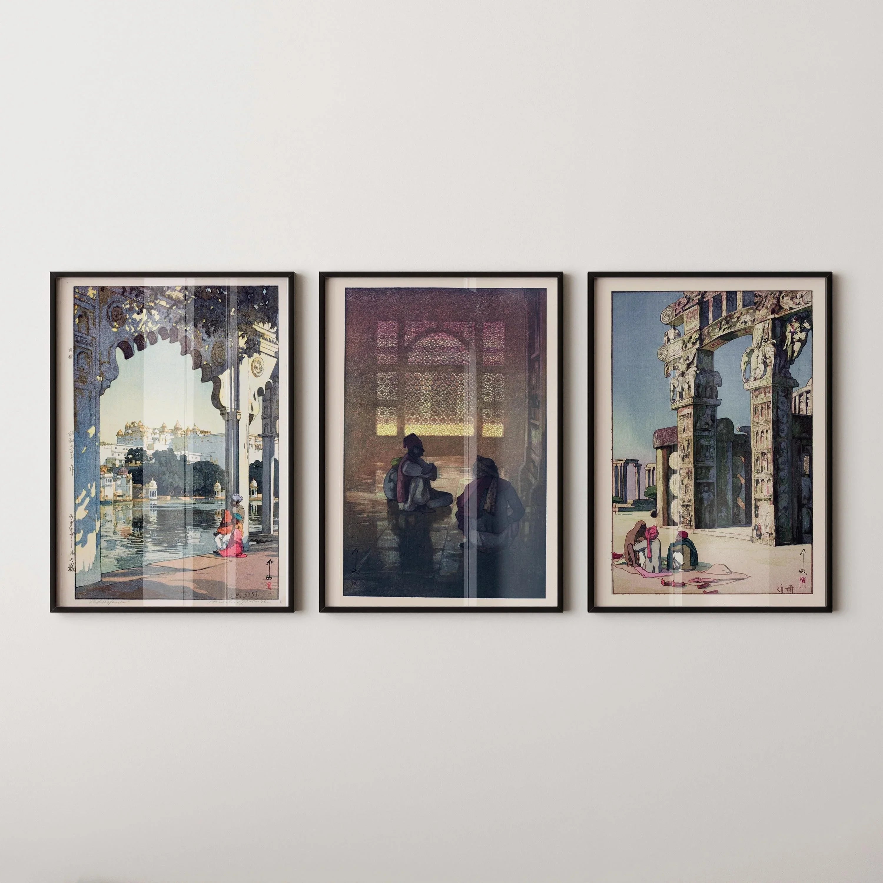 Hiroshi Yoshida Japanese Art Print Trio: Udaipur, Fatehpur Sikri, Sanchi