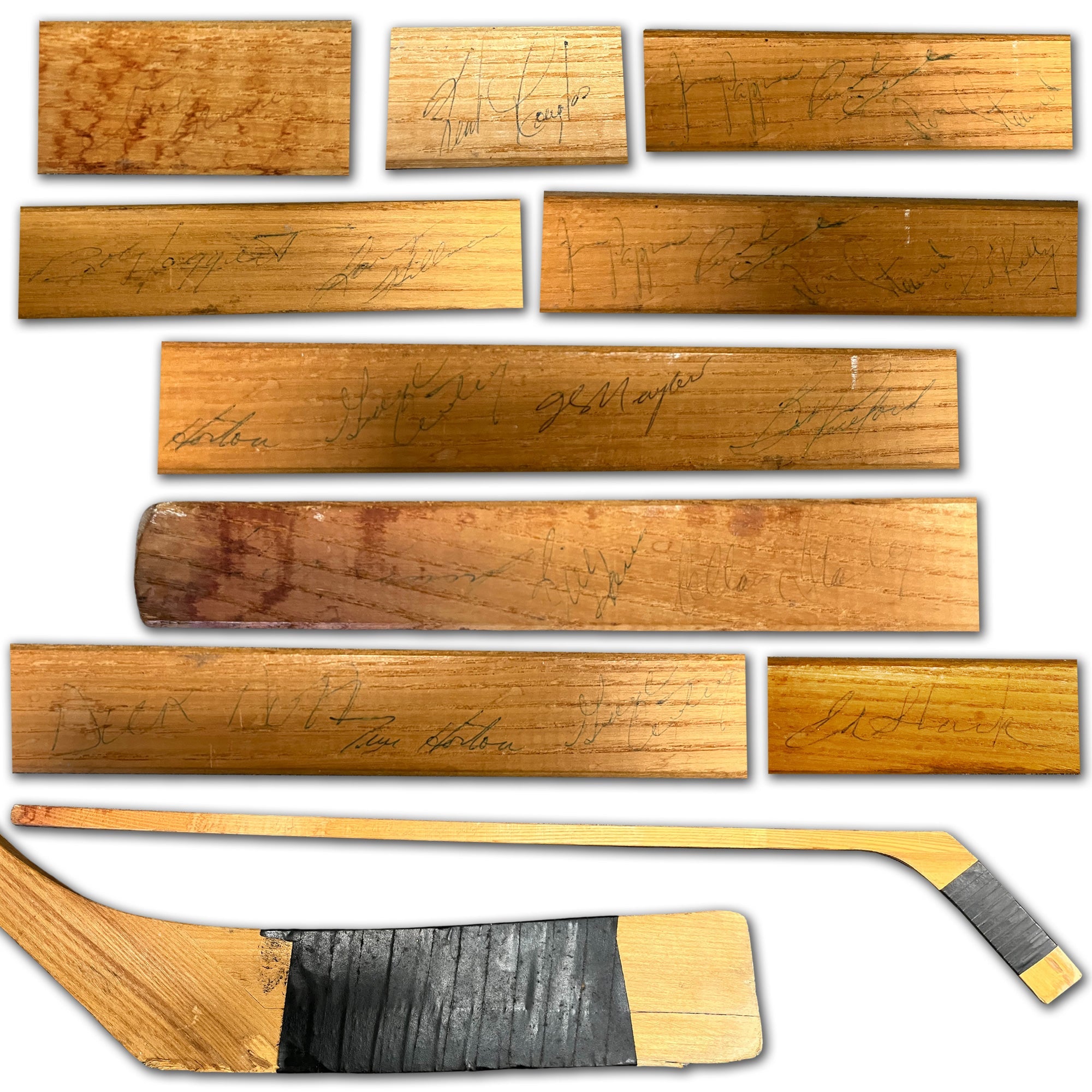 VINTAGE FULL SIZE HOCKEY STICK SIGNED BY 19 NHL LEGENDS – INCLUDES TIM HORTON, RED KELLY, DICK DUFF, AND MORE – ULTIMATE AUTOGRAPHED COLLECTIBLE MEMORABILI