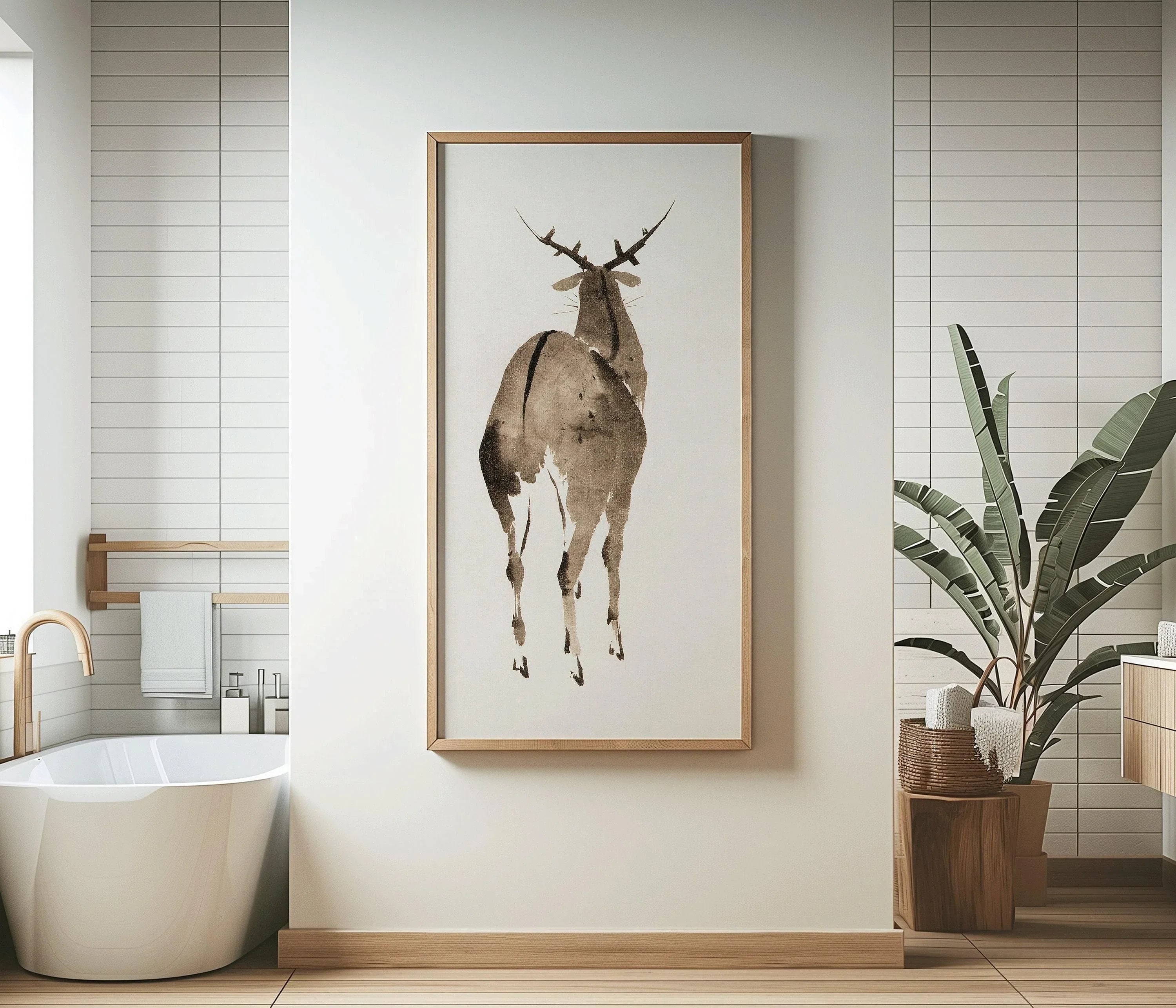 Hokusai Deer Print: Vintage Japanese Minimalist Art (2x1)