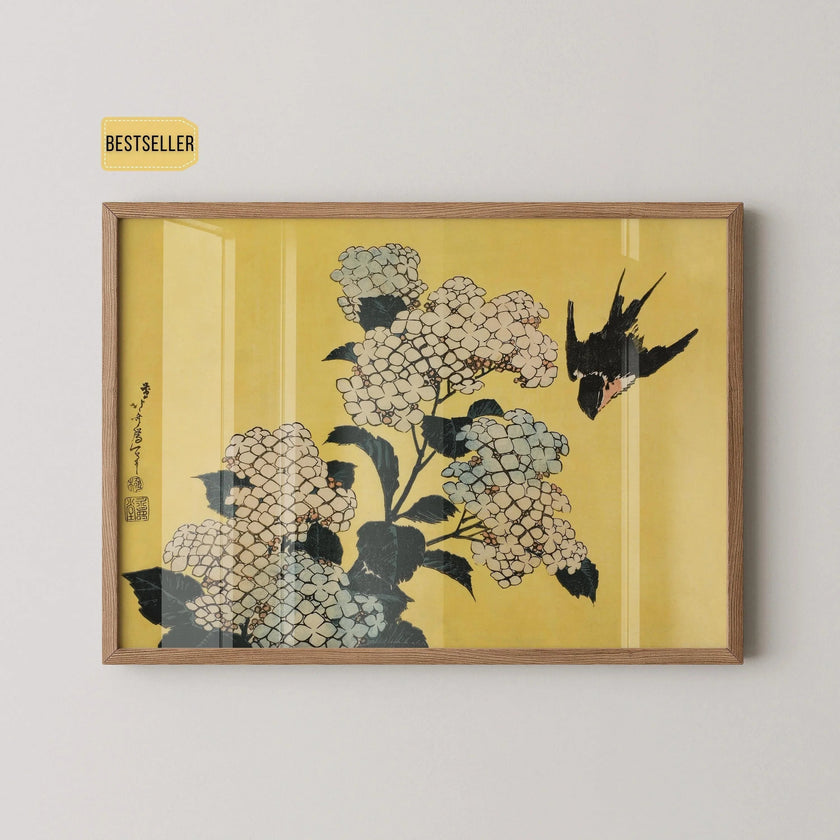Hokusai Hydrangeas and Swallow Print: Japanese Vintage Art