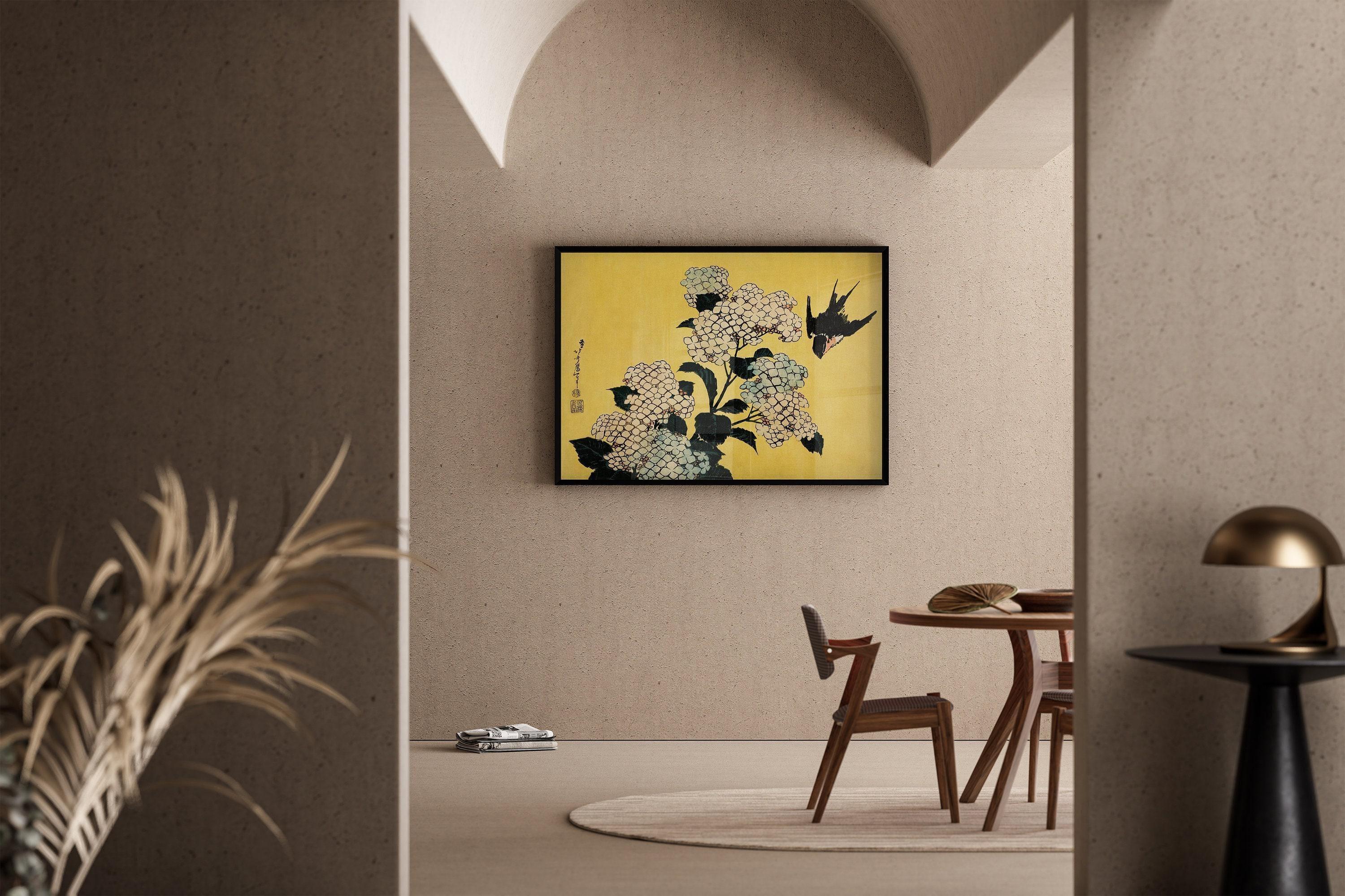 Hokusai Hydrangeas and Swallow Print: Japanese Vintage Art