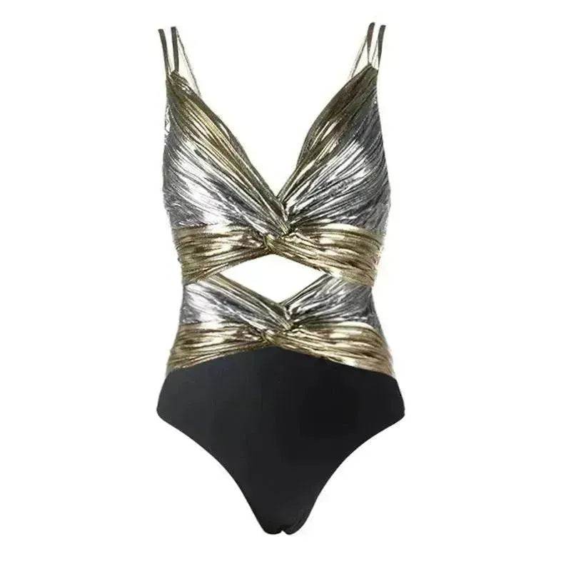 Hollow Color Contrast Patchwork  Summer Modest Swimsuit Skirt Swimsuit  for Women