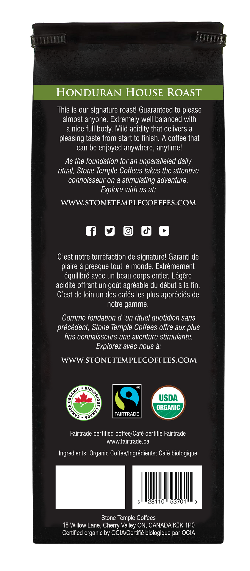 Honduran House Roast - Ground, Medium Roast, Certified Organic OCIA/ Fairtade Coffee 1lb/454g