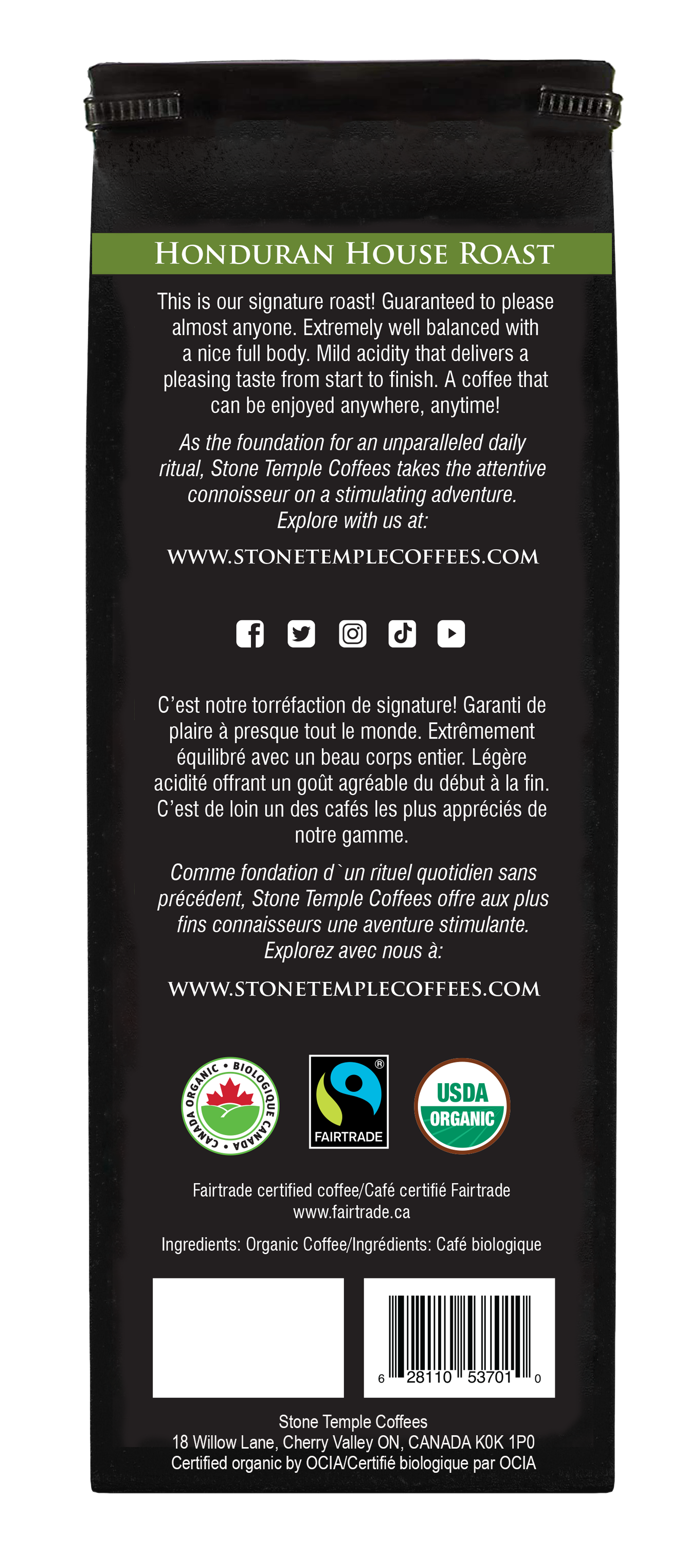 Honduran House Roast - Whole Bean, Medium Roast, Certified Organic OCIA/ Fairtrade Coffee 1lb/454g