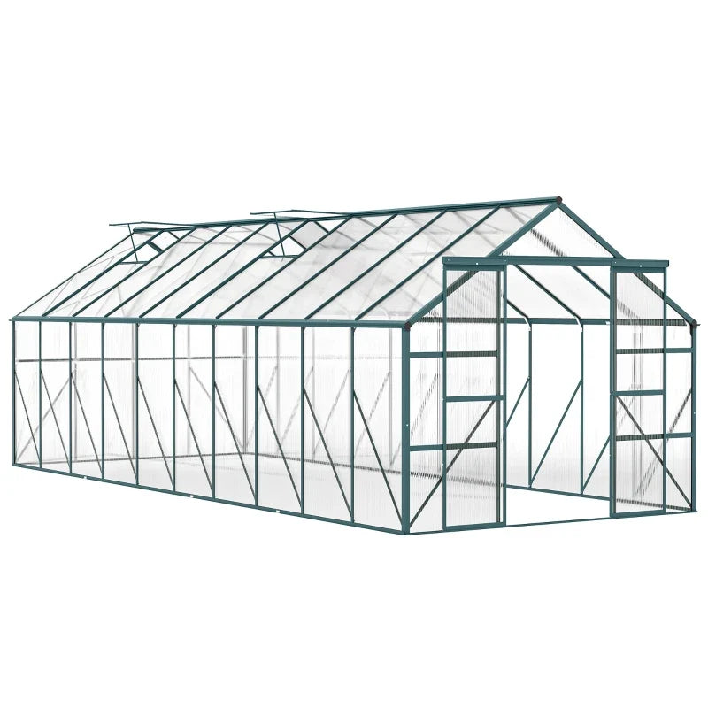 Aluminum Greenhouse Polycarbonate Walk-in Garden Greenhouse with Sliding Door, 20' x 8', Green