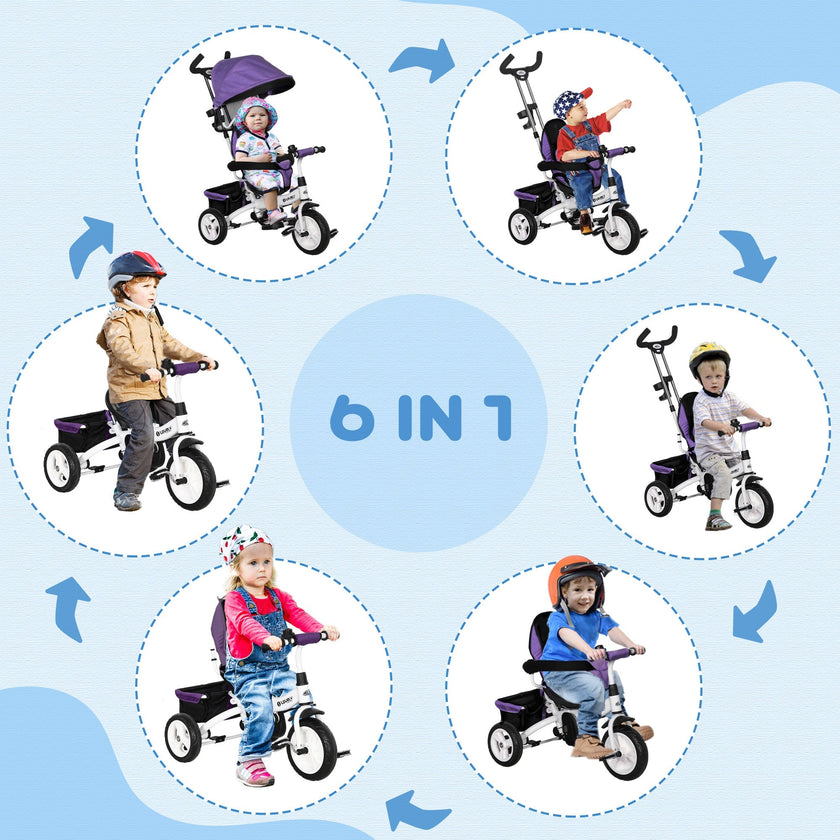 Qaba 4-in-1 Convertible Toddler Tricycle Stroller with Canopy Basket Safety Harness for Kids 12-60 Months Purple