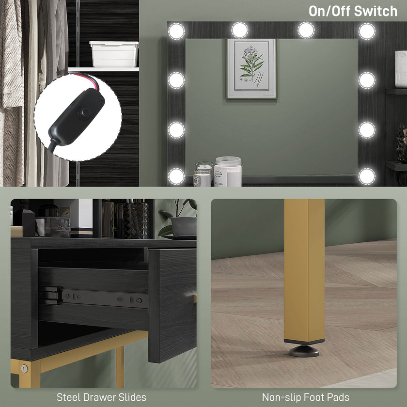 Sophia Illuminated Makeup Table with LED Lights and 3 Drawers-Black