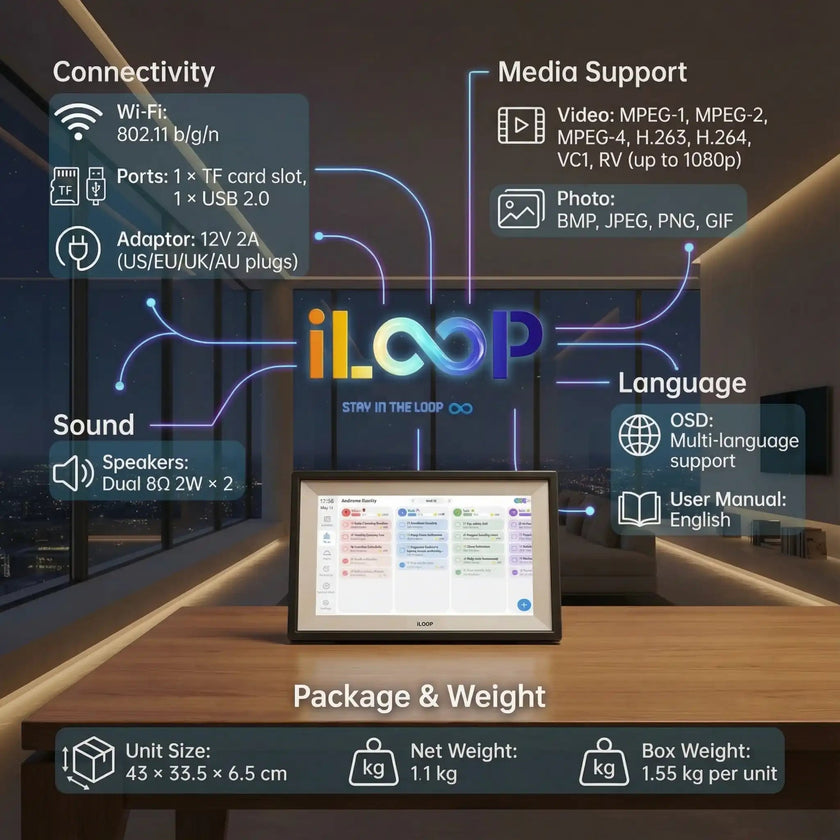 iLoop 10.1” Digital Calendar 32GB | Calendar, Wi-Fi Photo & Video Frame, Art Gallery | Premium Features No Subscription, Touchscreen