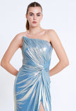 Metallic One-Shoulder Draped Gown with High Slit – Ice Blue