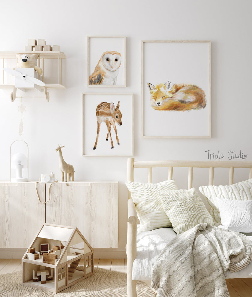 Forest Fawn Art Print - Boho Watercolor Painting for Nursery Room