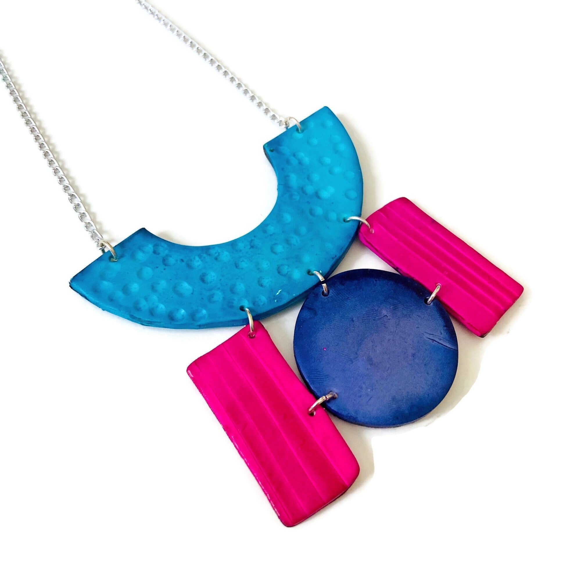 Chunky Statement Necklace in Turquoise, Denim Blue & Pink