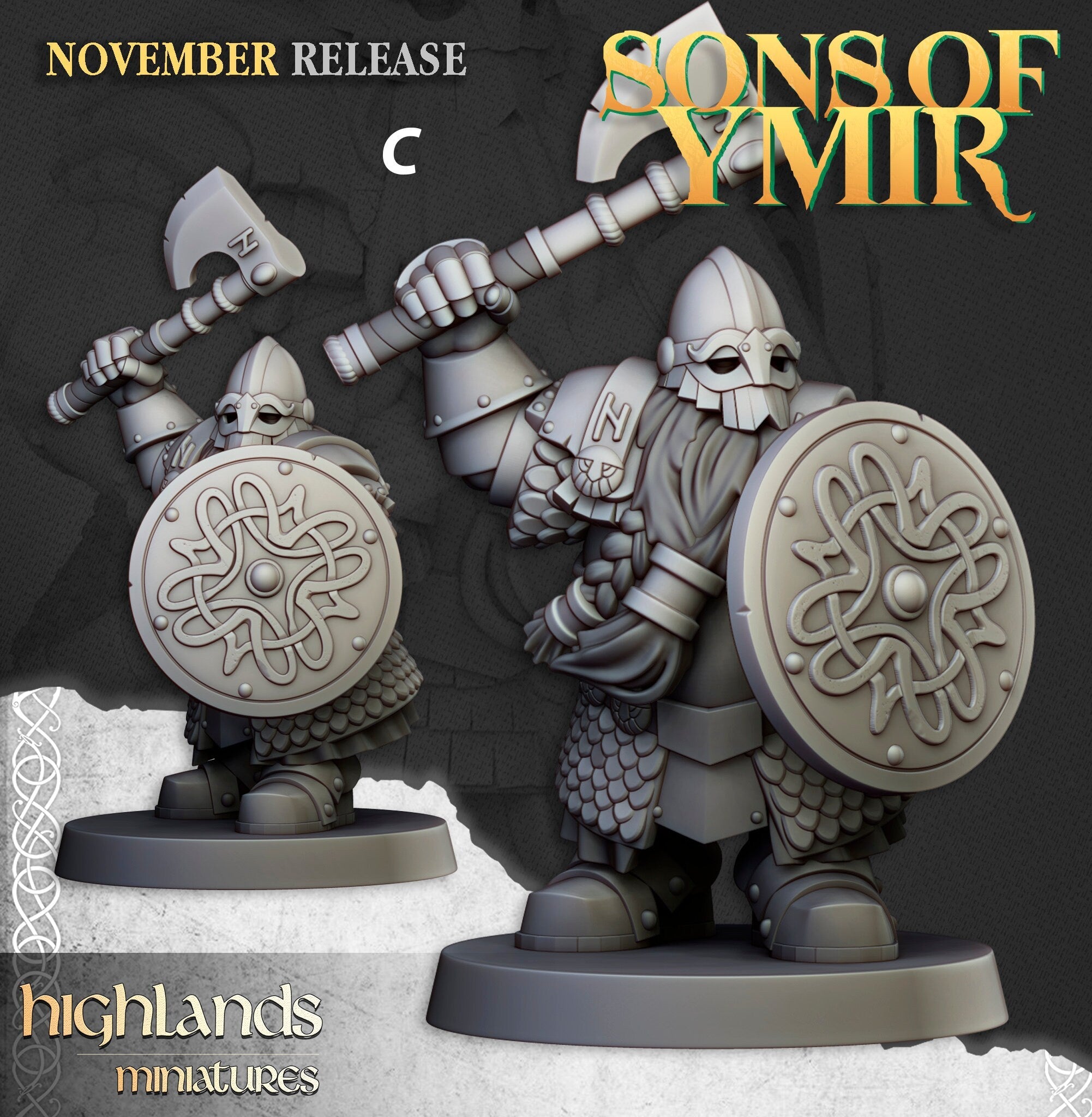 Dwarven Huscarl Set - Highland Miniature | DnD | Dwarf | melee unit | fighter | 32mm | Pathfinder | TTRPG | Wargaming | Fantasy | Frostgrave
