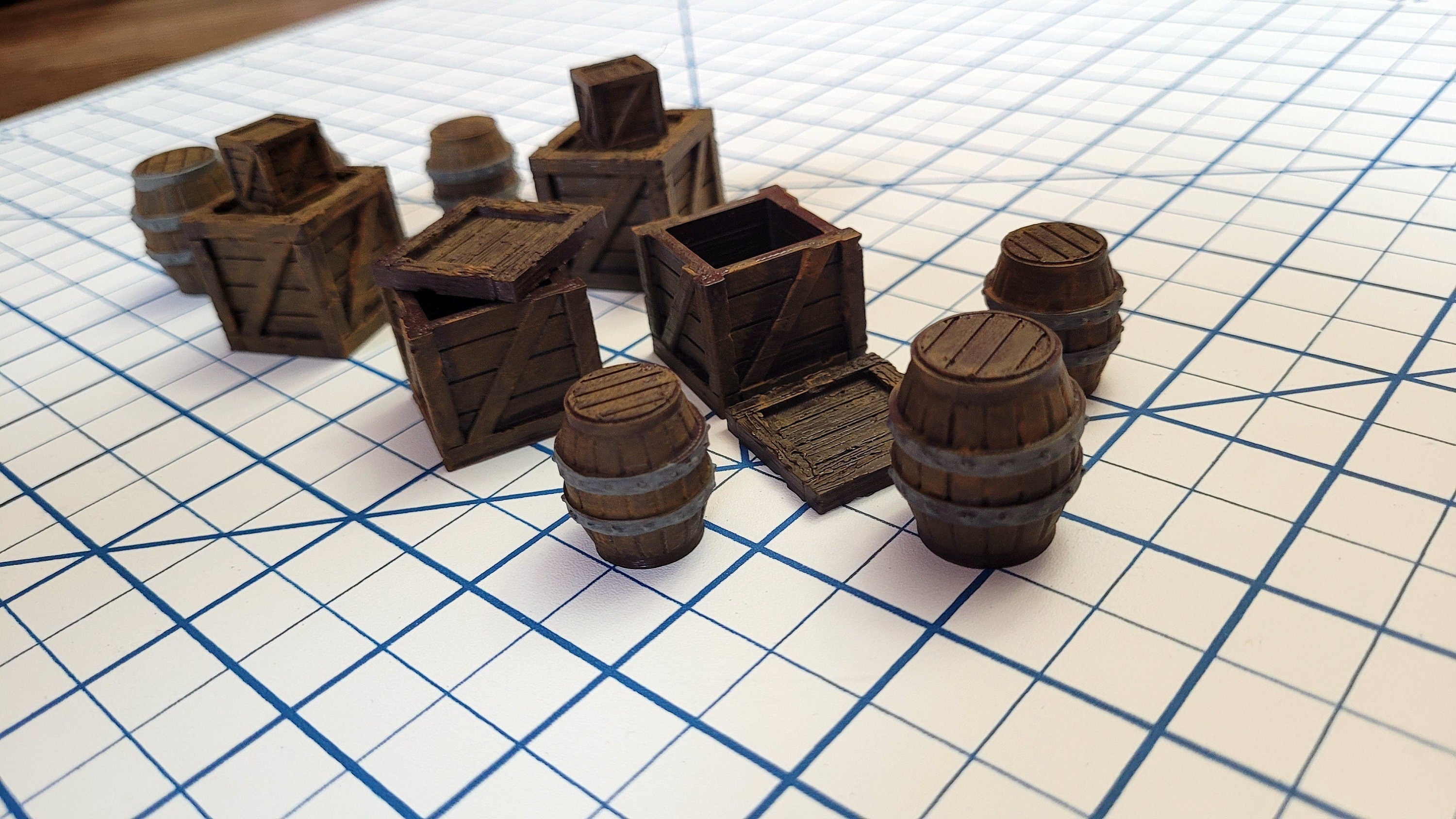 Crates and Barrel Scatter Terrain | D&D Scenery | Tabletop Terrain | Small Crates | Small Barrels | Miniatures | Dungeons and Dragons