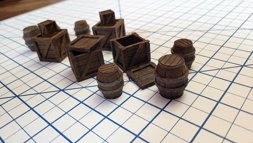 Crates and Barrel Scatter Terrain | D&D Scenery | Tabletop Terrain | Small Crates | Small Barrels | Miniatures | Dungeons and Dragons