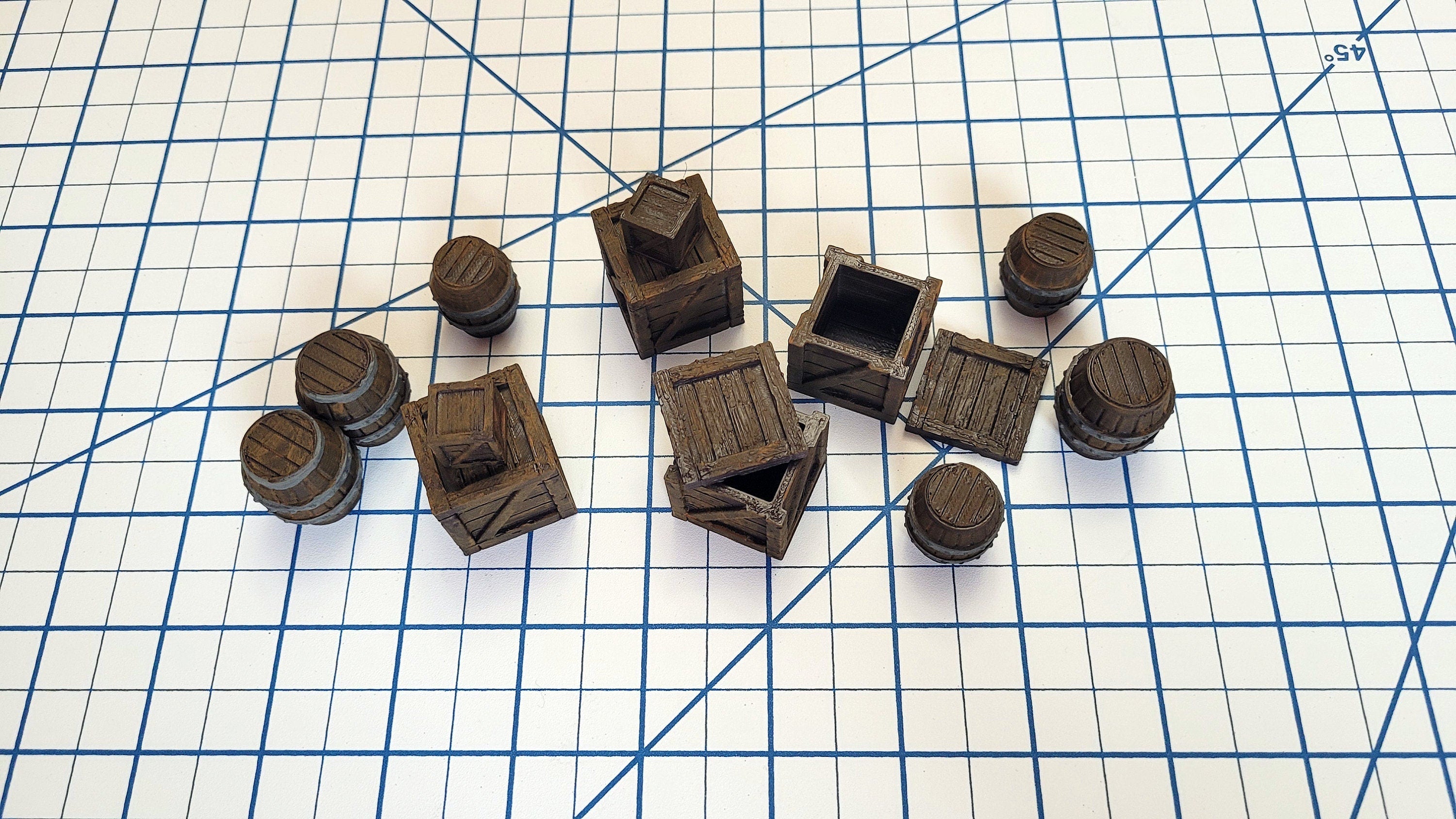 Crates and Barrel Scatter Terrain | D&D Scenery | Tabletop Terrain | Small Crates | Small Barrels | Miniatures | Dungeons and Dragons