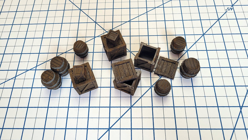 Crates and Barrel Scatter Terrain | D&D Scenery | Tabletop Terrain | Small Crates | Small Barrels | Miniatures | Dungeons and Dragons