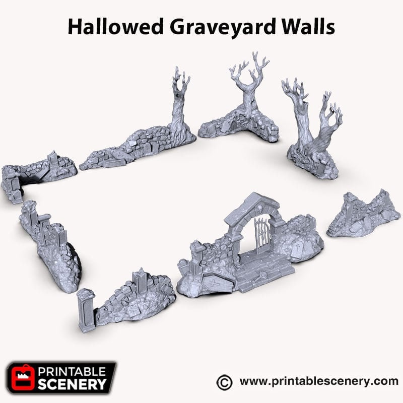 Hallowed Graveyard Walls - Shadowfey Ruins, DnD, Pathfinder 15mm, 28mm, 32mm, wargaming scenery, tabletop terrain, building