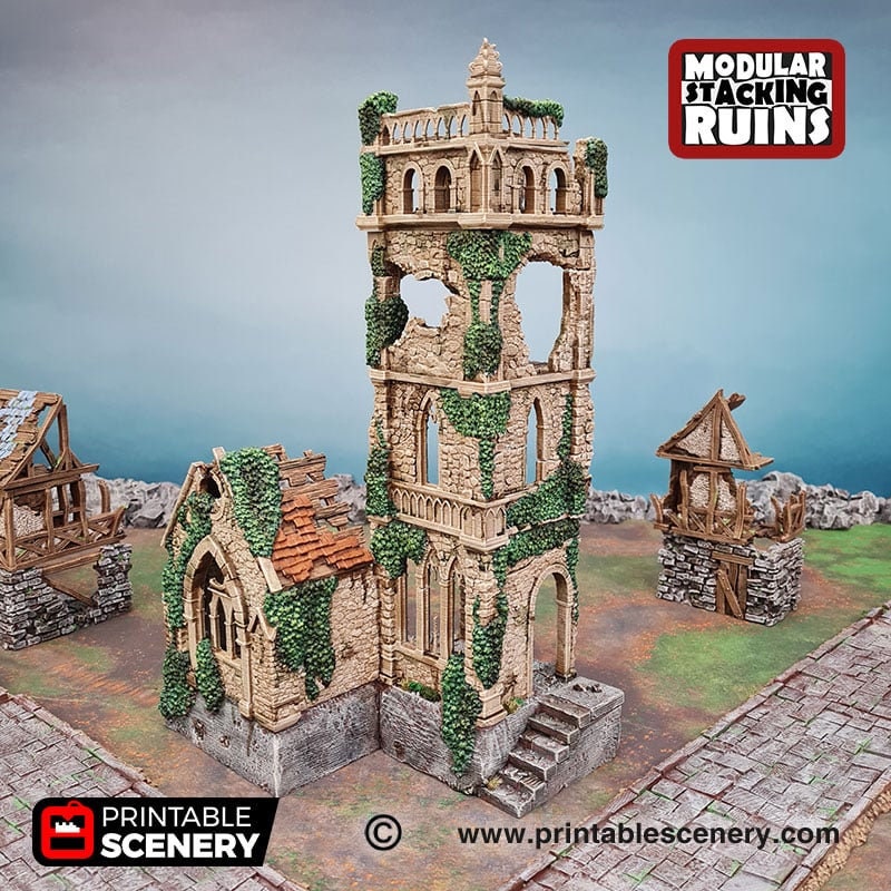 Bell Tower and Sept - Shadowfey Ruins, DnD, Pathfinder 15mm, 28mm, 32mm, wargaming scenery, belltower, building, D&D
