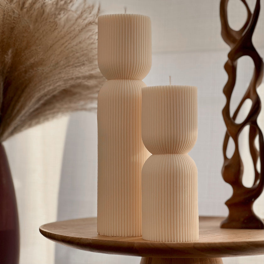 Ribbed Hourglass Soy Candle: Sculptural Striped Pillar, Minimalist Decor