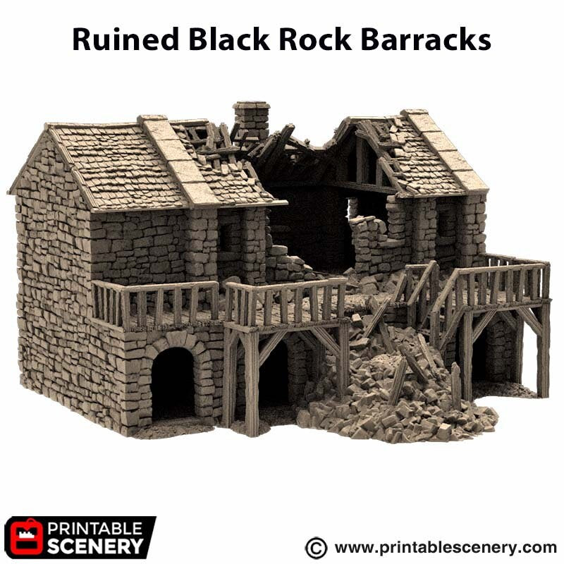 Ruined Black Rock Barracks - King and Country, DnD, Pathfinder, 15mm, 28mm, 32mm, wargaming terrain, scatter scenery D&D medieval
