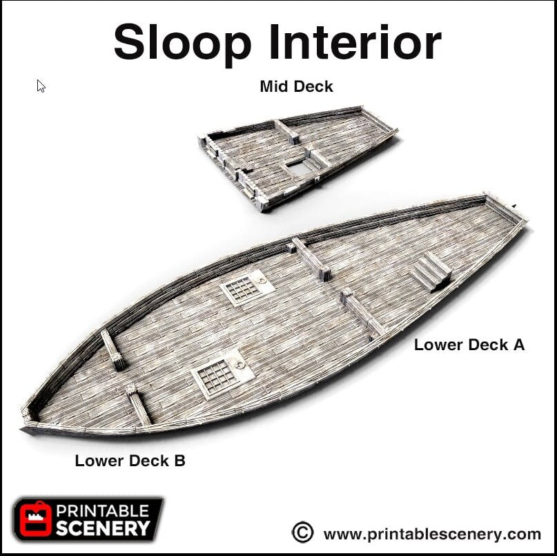 The Sloop - The Lost Ships, DnD 5E, Pathfinder 2E 15mm, 28mm, 32mm, wargaming terrain, scatter scenery, D&D age of sail, pirate