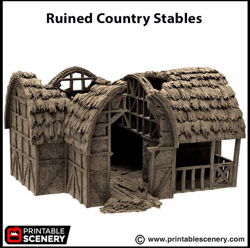Ruined Country Stables - King and Country, DnD, Pathfinder, 15mm, 28mm, 32mm, wargaming terrain, scatter scenery D&D village