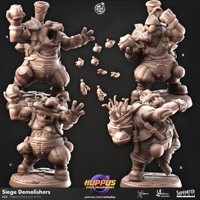 Siege Demolishers - Cast n Play Huppus Space Mercenaries | DnD Miniature | Giff, Hippo, Fighter, Ranger, Barbarian, Melee, Artificer, Ranged
