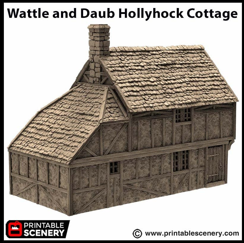 Wattle And Daub Hollyhock Cottage - King and Country, dnd Medieval building, Village, Town, Wargaming Terrain, Scatter scenery, House