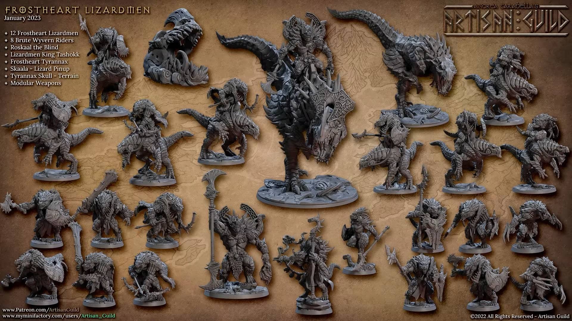 Tashokk on Tyrannax - AG - Frostheart Lizardmen | DnD Miniature | Lizardfolk | Fighter | Barbarian | Champion, Male, Mount| Pathfinder 2E