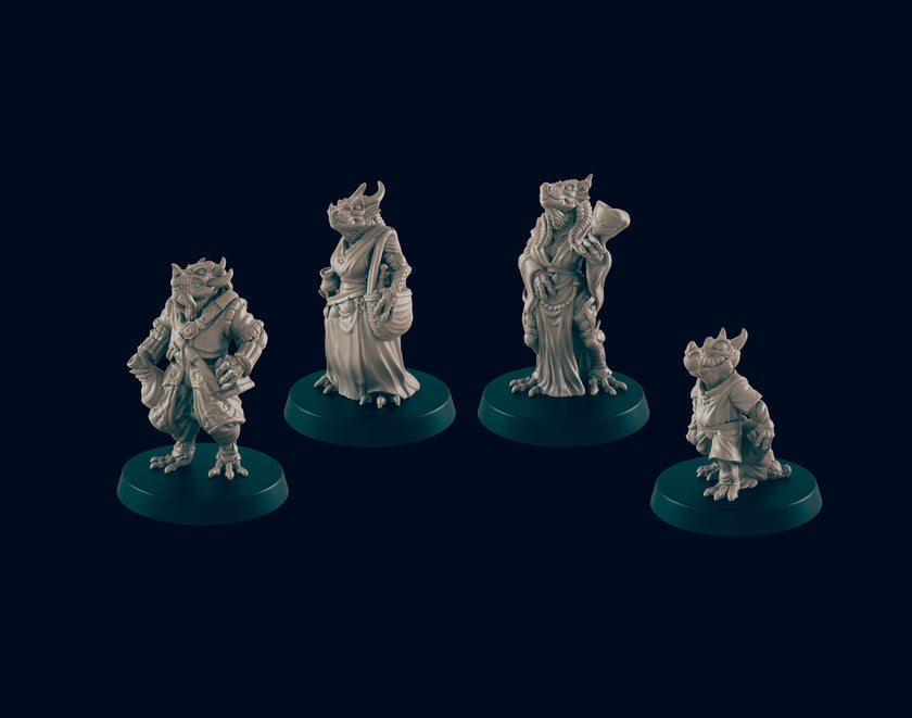 4 Dragonborn Villager Miniature Pack - EC3D | DnD | Child | Villager | Merchant | Noble | 28mm | Pathfinder | commoner | Wargaming | Shopper
