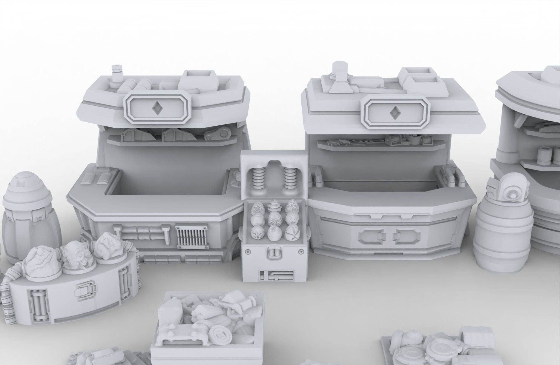 Black Market Scatter Terrain mini set - Novus Landing, Stalls, Marketplace, EC3D, Infinity, Legion Sci-fi, Cyberpunk 2077, Wargaming
