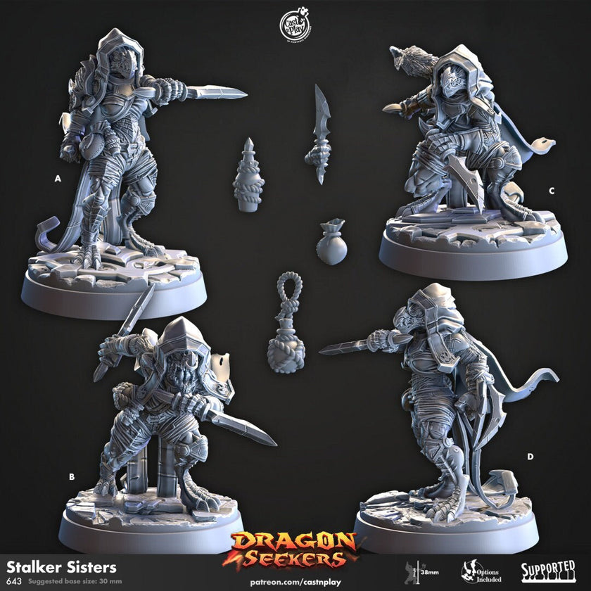 Stalker Sisters - Cast n Play Dragon Seekers | DnD Miniature | Dragonborn | Rogue, Ranger, Fighter, Assassin, Female, Ranged, Melee, Stealth