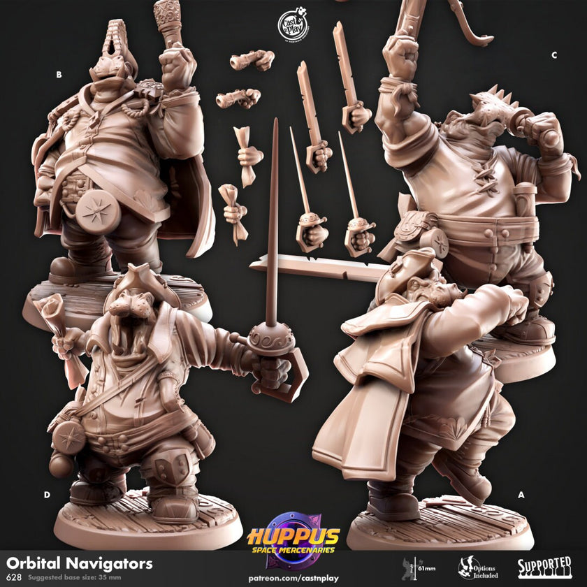Orbital Navigators - Cast n Play Huppus Space Mercenaries | DnD Miniature | Giff, Hippo, Fighter, Barbarian, Rogue, Cleric, Paladin, Bard