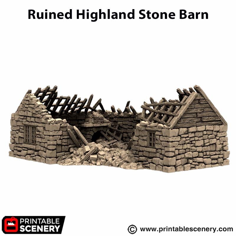 Ruined Highland Stone Barn - King and Country, DnD, Pathfinder, town, wargaming terrain, village, scatter scenery D&D medieval building