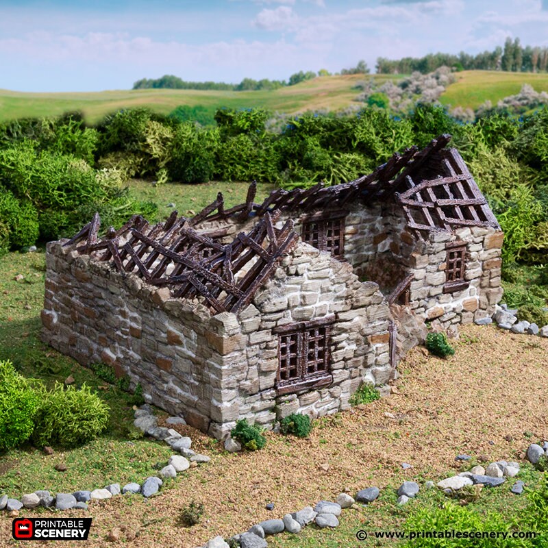Ruined Highland Stone Barn - King and Country, DnD, Pathfinder, town, wargaming terrain, village, scatter scenery D&D medieval building