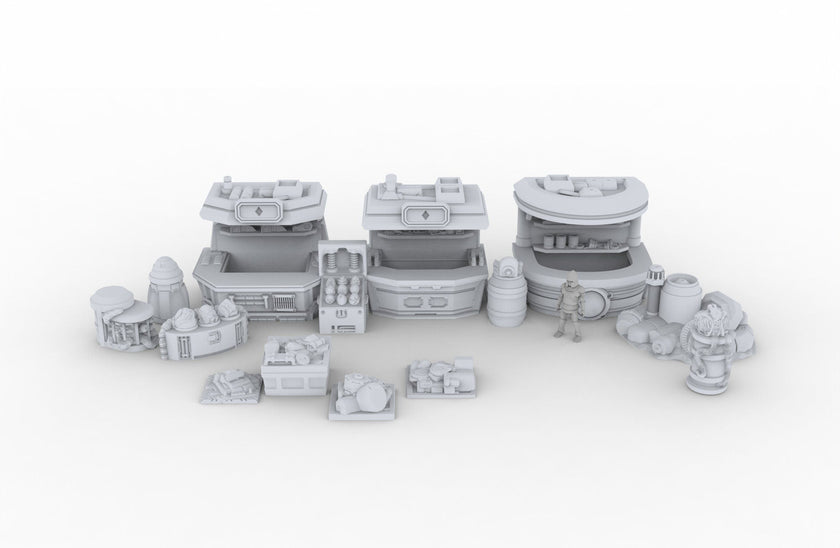 Black Market Scatter Terrain mini set - Novus Landing, Stalls, Marketplace, EC3D, Infinity, Legion Sci-fi, Cyberpunk 2077, Wargaming