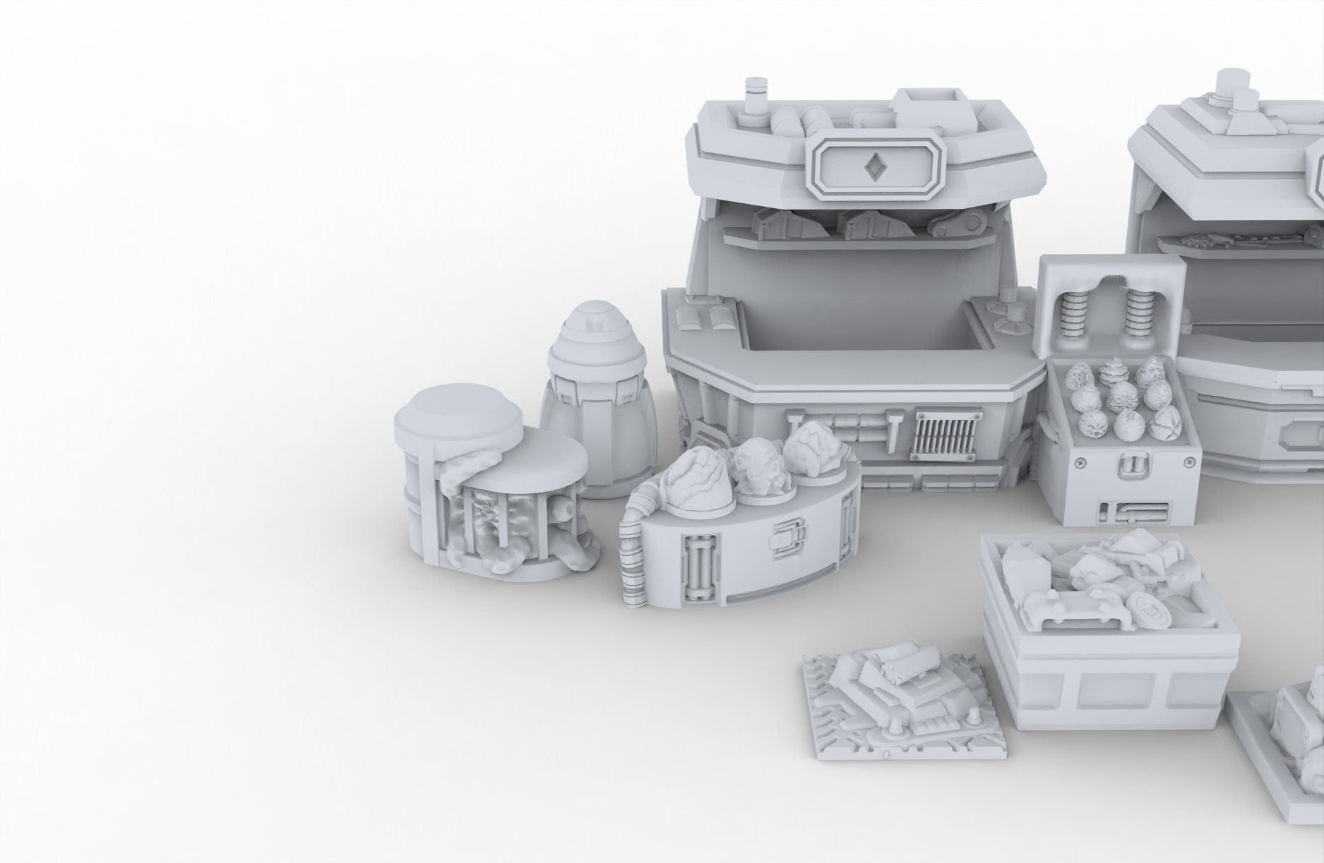 Black Market Scatter Terrain mini set - Novus Landing, Stalls, Marketplace, EC3D, Infinity, Legion Sci-fi, Cyberpunk 2077, Wargaming