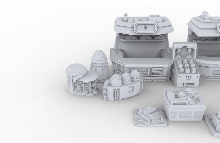 Black Market Scatter Terrain mini set - Novus Landing, Stalls, Marketplace, EC3D, Infinity, Legion Sci-fi, Cyberpunk 2077, Wargaming
