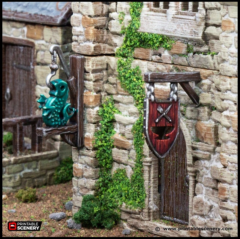 Town Trade Signs - King and Country, DnD, Pathfinder, 15mm, 28mm, 32mm, wargaming terrain, scenery D&D shop, merchant, smithy, farm, inn