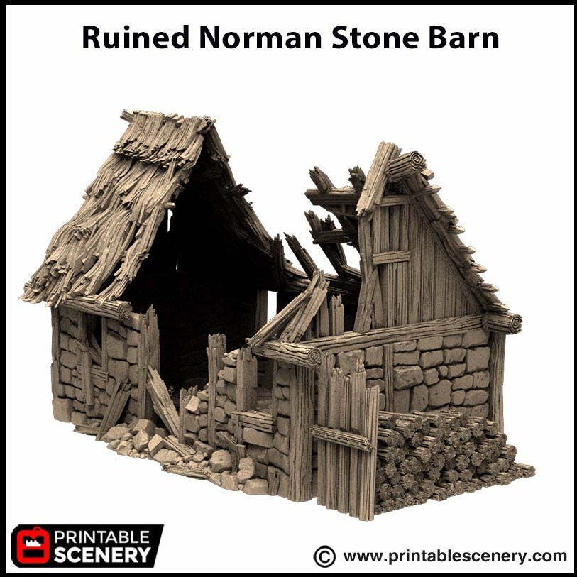 Ruined Norman Stone Barn - King and Country, DnD, Pathfinder, 15mm, 28mm, 32mm, wargaming terrain, scatter scenery D&D farm, fields, village